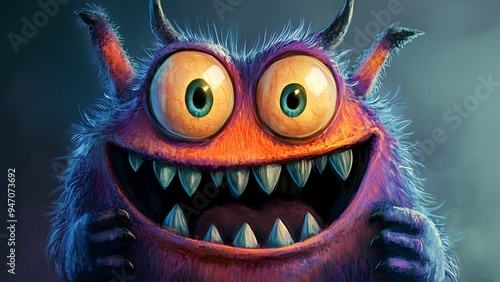 Grinning Purple Monster with Fiery Eyes: A Playful and Menacing Creature Portrait