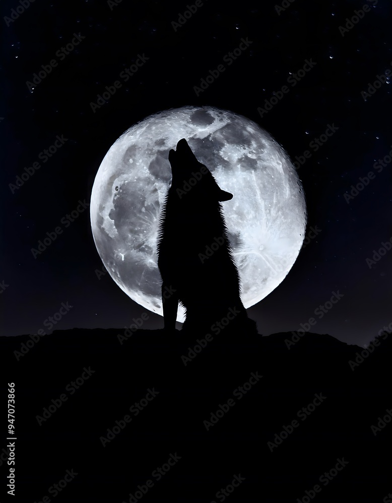 Fototapeta Wolf Howling on a Full Moon Night Starry Sky, Photo Realistic, Wallpaper, Cover and Screen for Smartphone, Cell Phone, PC, Laptop