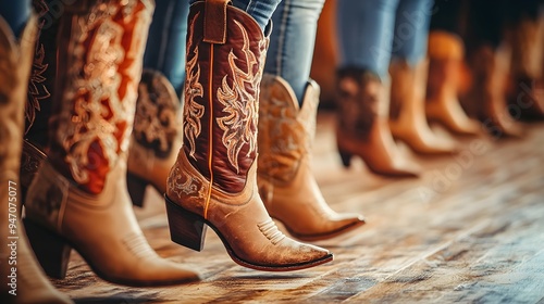 A close-up shot of feet in cowboy boots performing synchronized line dance moves on a wooden floor, with a soft light solid color backdrop