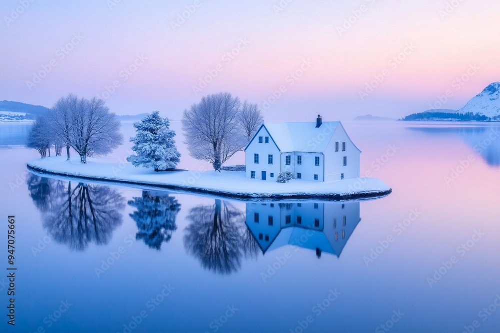 Winter landscape with a white house on a small snow-covered island, reflecting in a calm lake at dusk Winter landscape with a white house on a small snow-covered island, reflecting in a calm lake at dusk