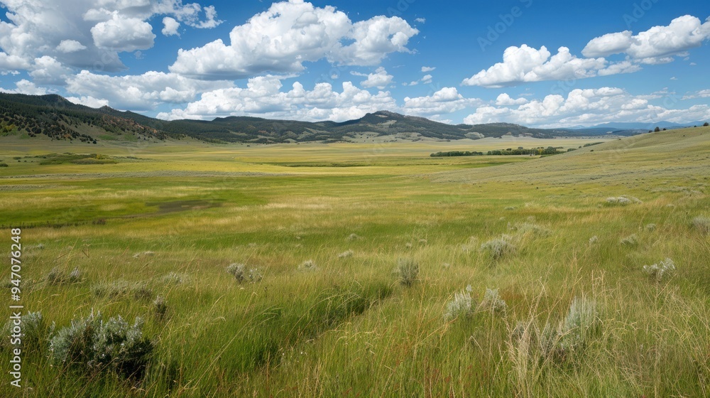 Lush green meadow with rolling hills and blue sky. Lush green meadow with rolling hills and blue sky.