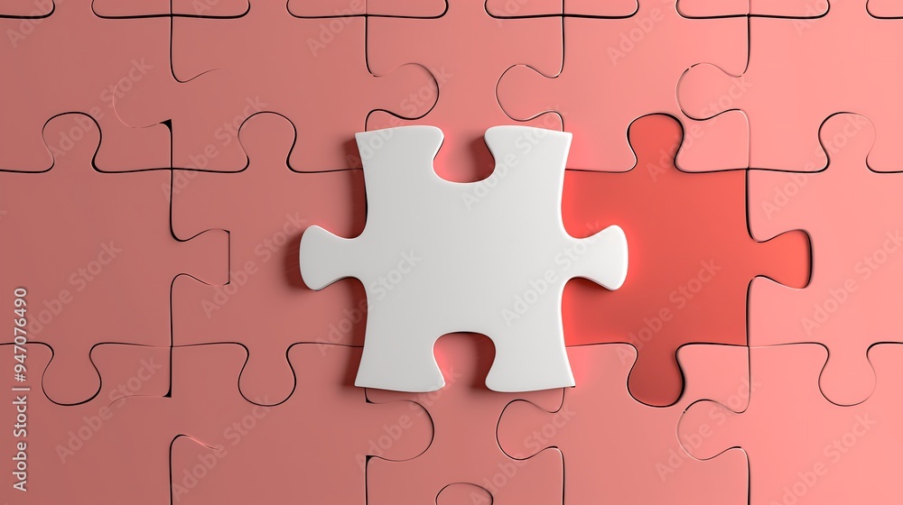White puzzle piece in place on pink background, problem-solving concept White puzzle piece in place on pink background, problem-solving concept