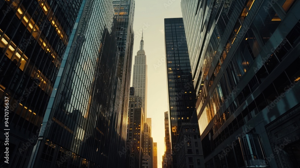 Fototapeta premium Golden Hour Skyline View of Modern Glass Skyscrapers in the City.