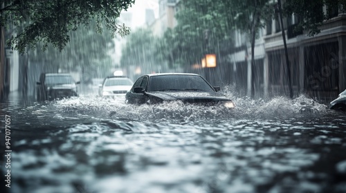 Cars drive through a flooded street during heavy rain in an urban area, highlighting extreme weather conditions and the impacts of flooding. photo