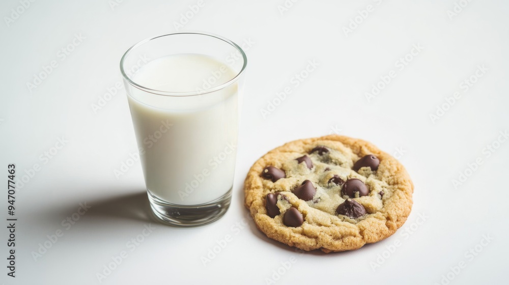 A single chocolate chip cookie with a glass of milk beside it, capturing the perfect combination of sweet and creamy, isolated on a clean white background. A single chocolate chip cookie with a glass of milk beside it, capturing the perfect combination of sweet and creamy, isolated on a clean white background.