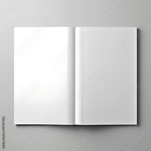 Open and closed blank brochures on grey background, top view. Mock up for design