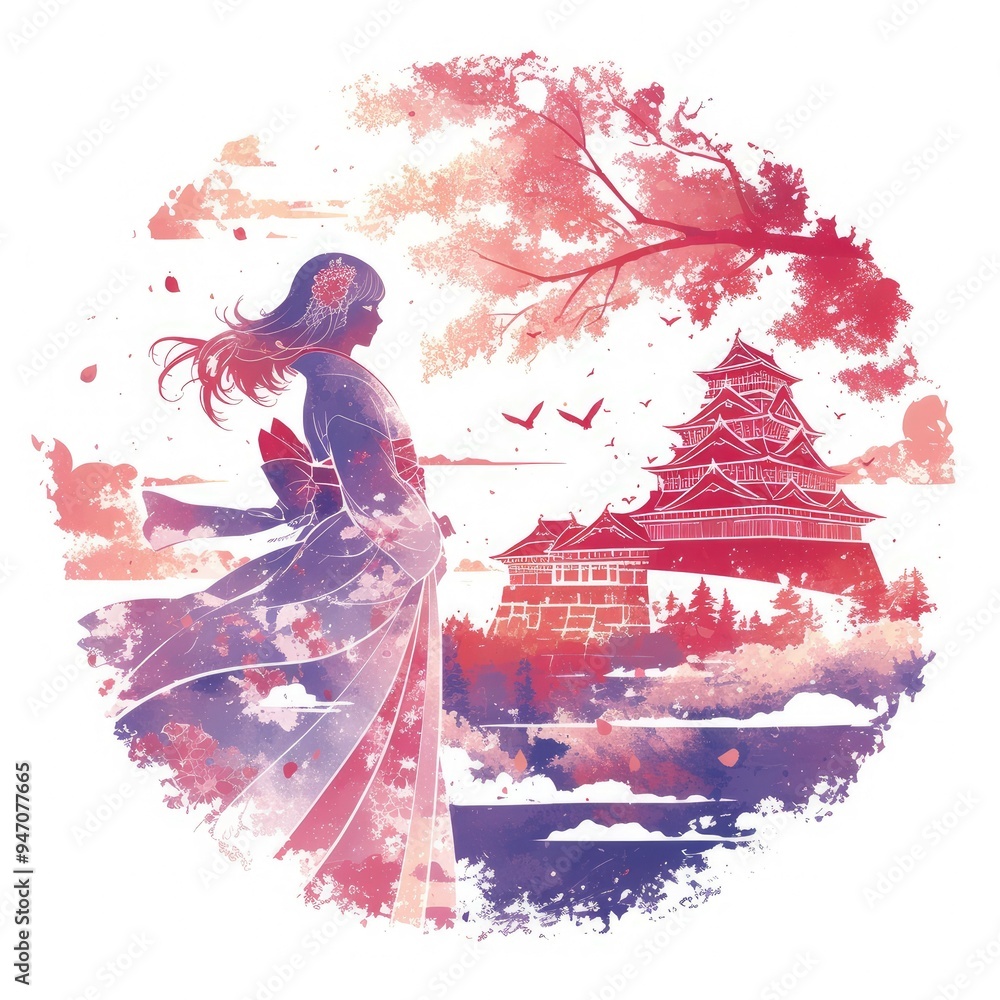 Fototapeta premium Woman in Kimono Facing a Japanese Castle with Cherry Blossoms