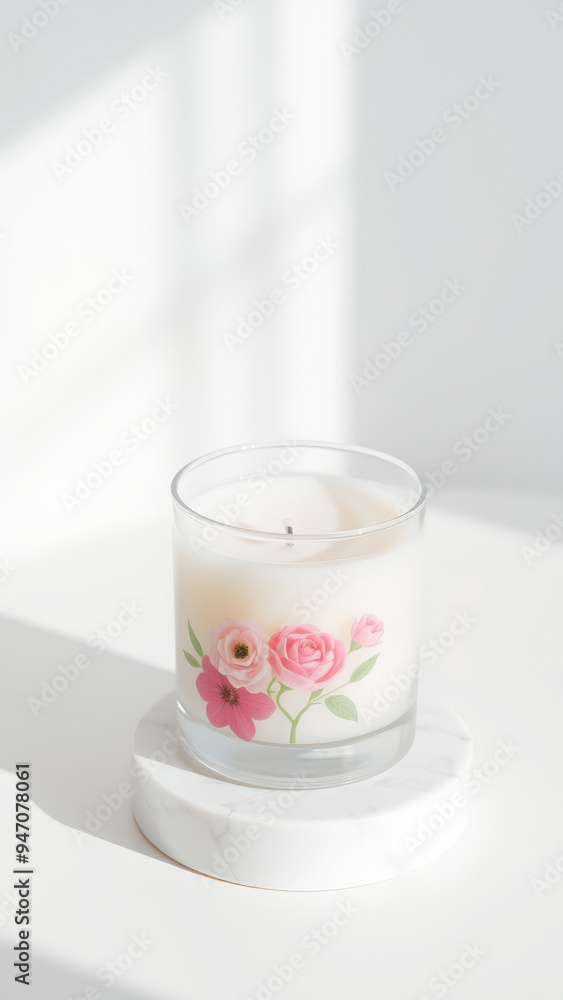 Floral Scented Candle on White Marble Platform Floral Scented Candle on White Marble Platform