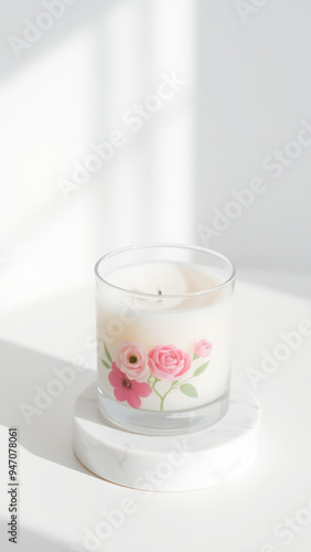 Floral Scented Candle on White Marble Platform