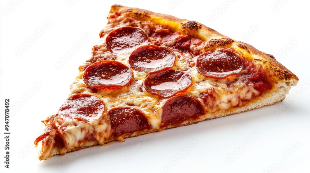 A slice of classic pepperoni pizza, with gooey melted cheese and a crispy crust, placed on a white background, ready to be enjoyed. A slice of classic pepperoni pizza, with gooey melted cheese and a crispy crust, placed on a white background, ready to be enjoyed.