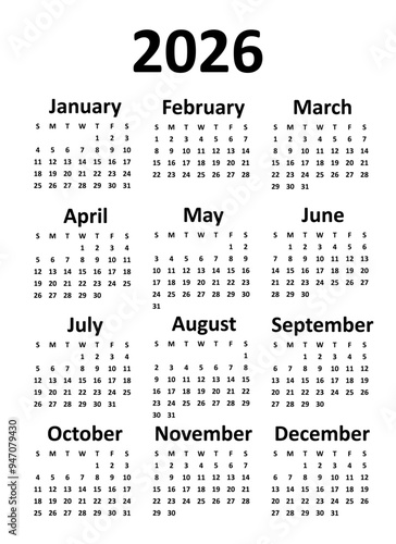 2026 calendar. week starts on sunday. printable, simple, and clean vector design isolated on white background.