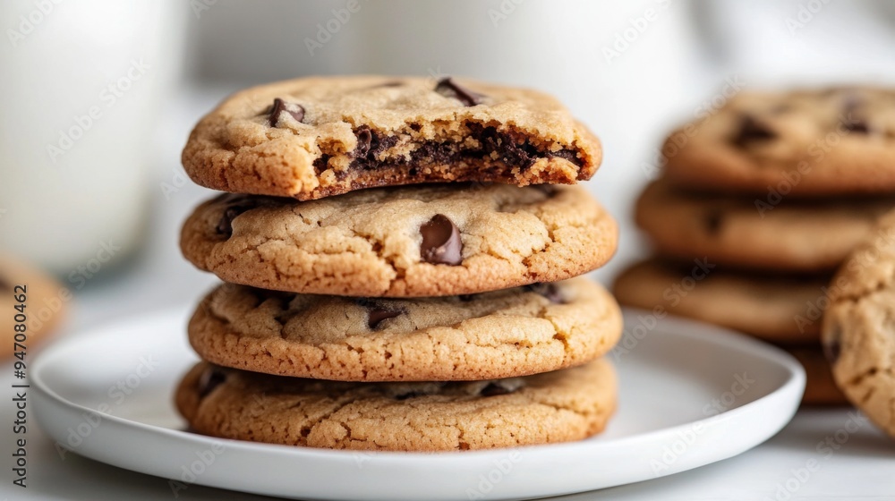 A stack of homemade cookies with a bite taken out of one, revealing the soft, chewy center, placed on a white plate for a mouth-watering close-up. A stack of homemade cookies with a bite taken out of one, revealing the soft, chewy center, placed on a white plate for a mouth-watering close-up.