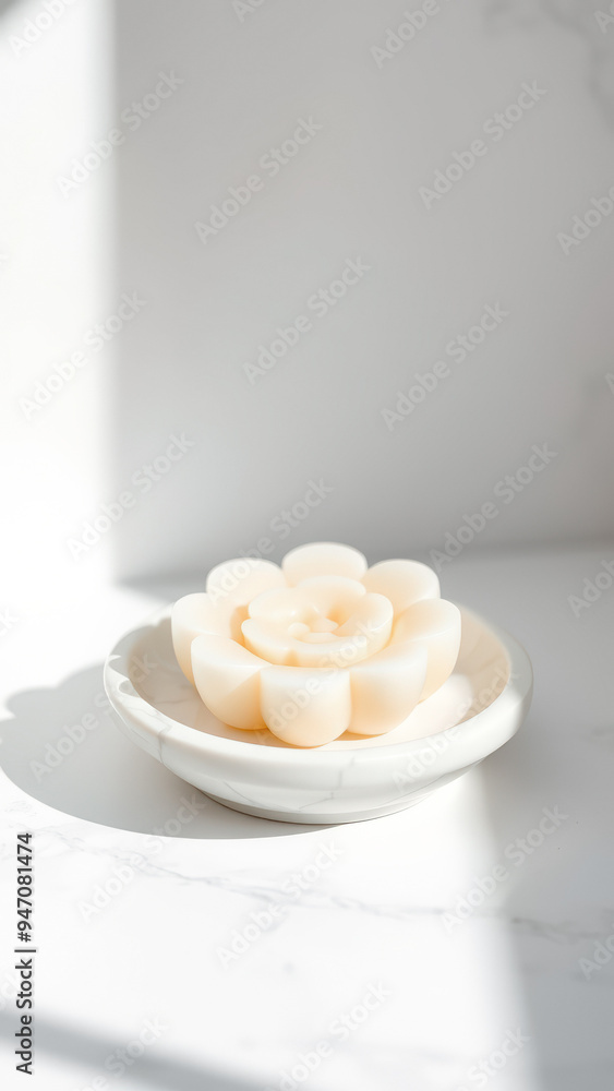 Single white flower shaped soap on a white marble dish Single white flower shaped soap on a white marble dish