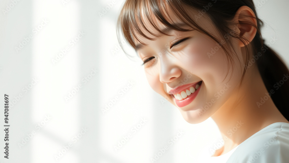 Portrait of a young woman smiling with her eyes closed Portrait of a young woman smiling with her eyes closed