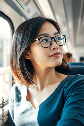 Woman with Glasses Looking Out Train Window