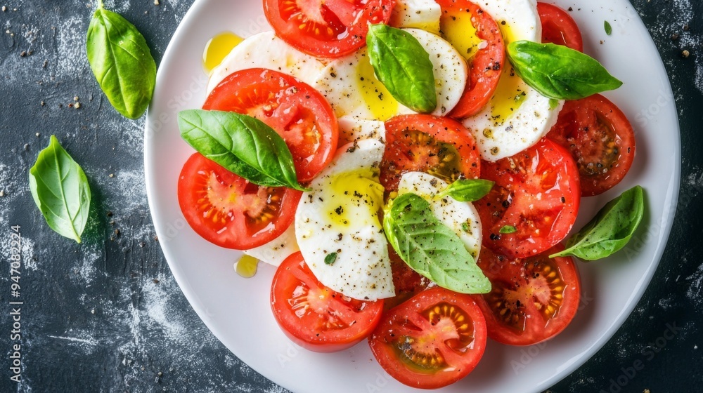 A top-down view of a Caprese salad with fresh mozzarella, ripe tomatoes, and basil leaves, drizzled with olive oil on a white plate. A top-down view of a Caprese salad with fresh mozzarella, ripe tomatoes, and basil leaves, drizzled with olive oil on a white plate.