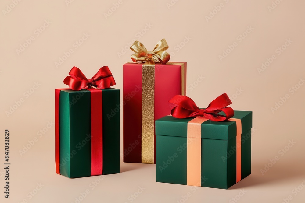 Three elegant Christmas gift boxes in geometric shapes, adorned with vibrant ribbons and bows, are arranged on a plain background. Generative AI Three elegant Christmas gift boxes in geometric shapes, adorned with vibrant ribbons and bows, are arranged on a plain background. Generative AI
