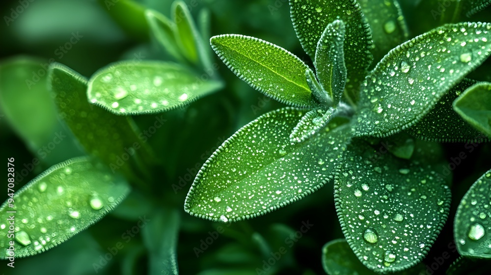 Closeup photograph showcasing the vibrant green leaves of fresh sage plant with dew droplets glistening on the surface against a clean isolated background This image highlights the natural beauty Closeup photograph showcasing the vibrant green leaves of fresh sage plant with dew droplets glistening on the surface against a clean isolated background This image highlights the natural beauty