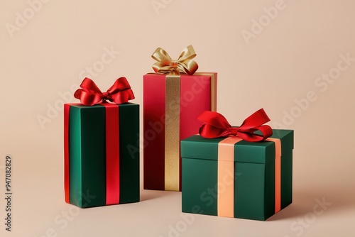 Three elegant Christmas gift boxes in geometric shapes, adorned with vibrant ribbons and bows, are arranged on a plain background. Generative AI