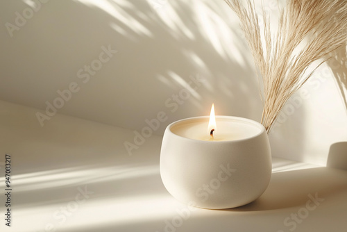 Lit white candle in a round ceramic holder with pampas grass in soft natural light. Minimalistic interior decor concept. photo