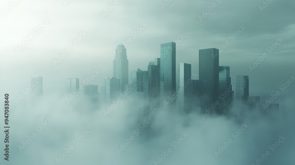 Naklejka premium A futuristic city skyline shrouded in fog creates an ethereal and mysterious atmosphere, perfect for sci-fi and fantasy themes.