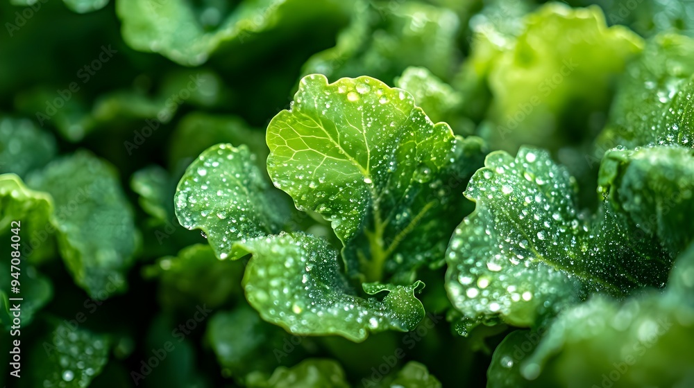 Closeup photograph showcasing the crisp vibrant green leaves of a broccoli plant with delicate dew droplets glistening on the surface against a plain isolated background Closeup photograph showcasing the crisp vibrant green leaves of a broccoli plant with delicate dew droplets glistening on the surface against a plain isolated background