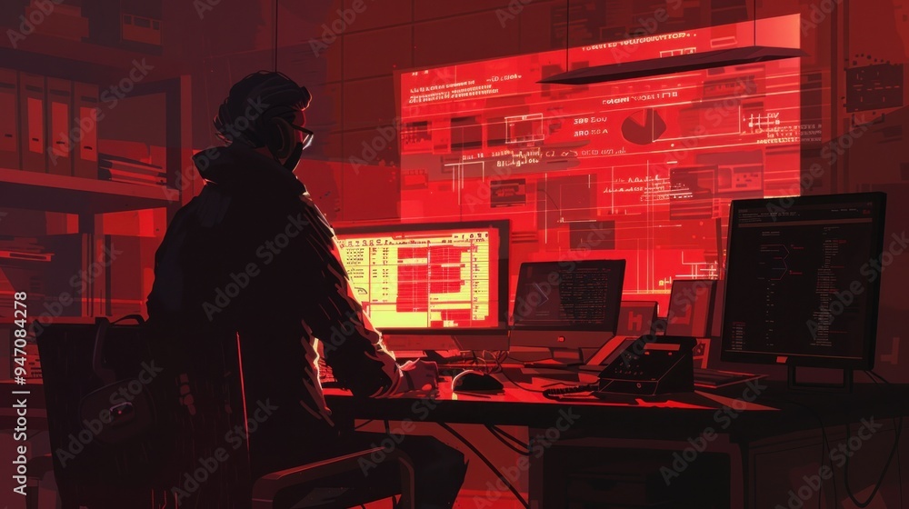 Hacker in a Red Lit Room. Hacker in a Red Lit Room.