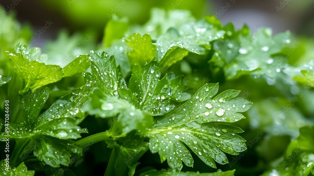 Closeup macro photograph showcasing the vibrant green and textured celery leaves with glistening rain droplets across the surface isolated on a plain background Closeup macro photograph showcasing the vibrant green and textured celery leaves with glistening rain droplets across the surface isolated on a plain background