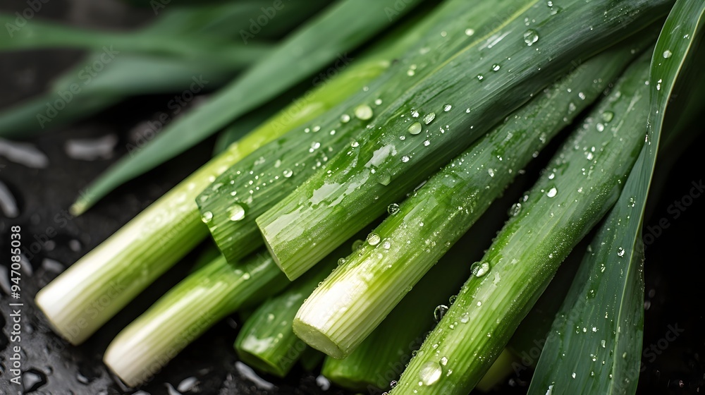 Closeup shot of fresh lush green leek leaves with glistening dewdrops scattered across the surface showcasing the natural beauty and serene simplicity of this culinary ingredient against a clean Closeup shot of fresh lush green leek leaves with glistening dewdrops scattered across the surface showcasing the natural beauty and serene simplicity of this culinary ingredient against a clean