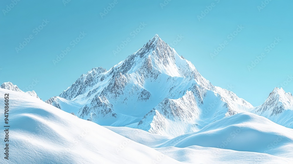 Fototapeta premium A breathtaking view of a majestic snowy mountain peak under a clear blue sky, showcasing the serene beauty of winter landscapes.