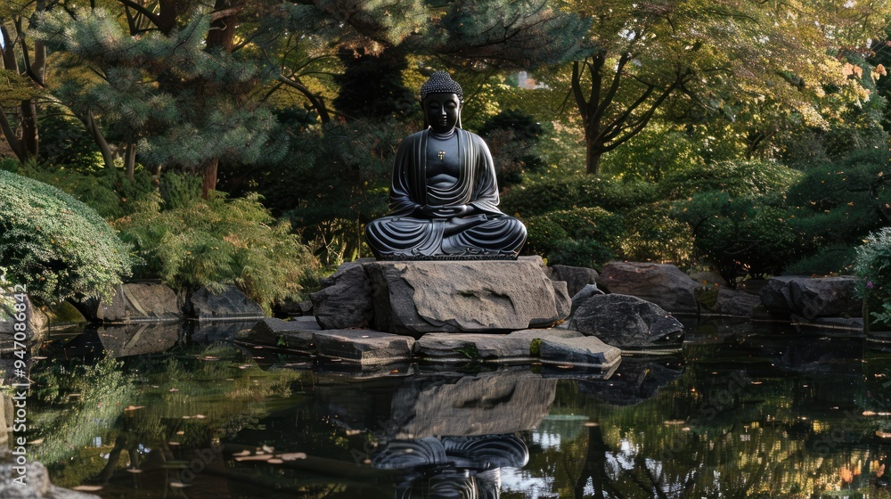 Tranquil Buddha Statue in Serene Garden. Tranquil Buddha Statue in Serene Garden.