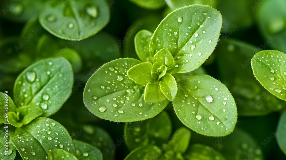 Closeup of vibrant green oregano leaves with tiny raindrops on an isolated background This image showcases the fresh natural Closeup of vibrant green oregano leaves with tiny raindrops on an isolated background This image showcases the fresh natural
