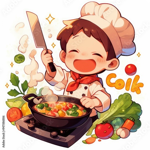 A Cheerful Cartoon Chef Cooking with a Smile photo