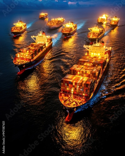 A fleet of cargo ships moving across the ocean at dusk