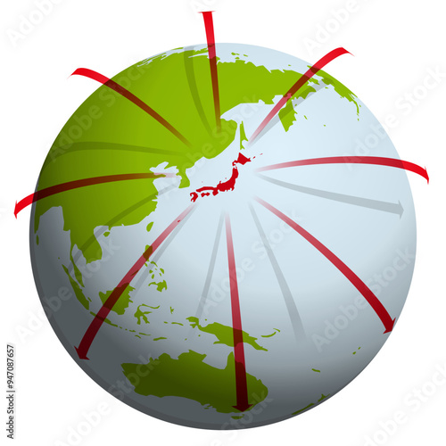 日本から世界に向けて拡散する赤い矢印の球体世界地図　ベクターイラストレーション