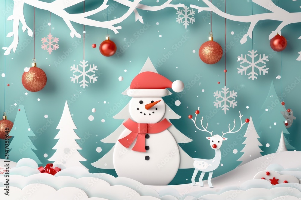 A snowman and a reindeer standing together in a snowy winter landscape A snowman and a reindeer standing together in a snowy winter landscape