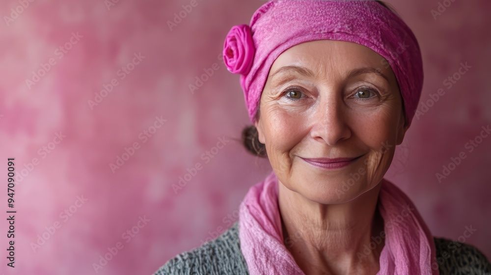 Portrait of a smiling older woman with pink headband and scarf. Portrait of a smiling older woman with pink headband and scarf.