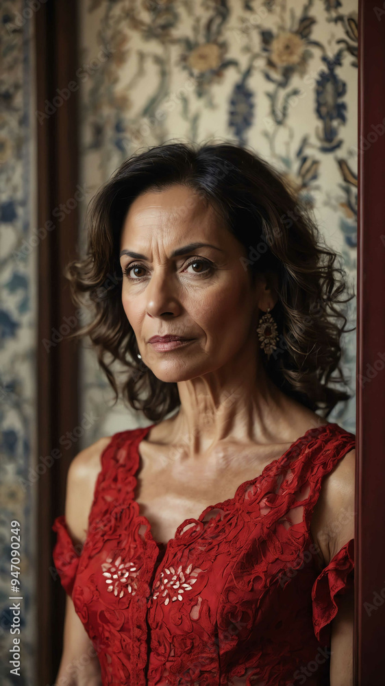 Fototapeta premium middleage hispanic red dress bedroom background woman model portrait