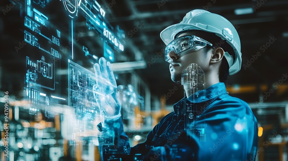 A man in a hard hat is looking at a computer screen in a futuristic city. Concept of technological advancement and progress, as well as the importance of safety in industrial settings A man in a hard hat is looking at a computer screen in a futuristic city. Concept of technological advancement and progress, as well as the importance of safety in industrial settings