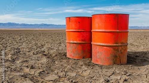 Two barrels of oil are sitting in the desert