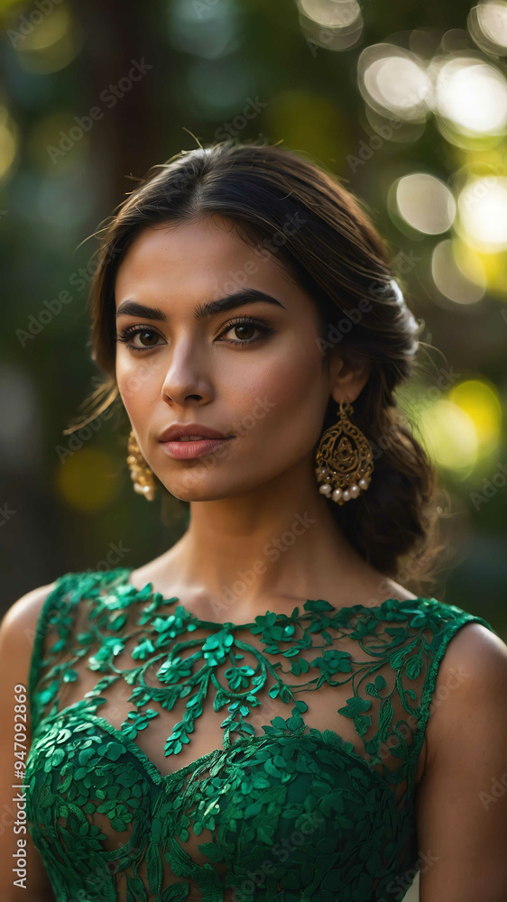 pretty hispanic green dress bokeh background woman model portrait pretty hispanic green dress bokeh background woman model portrait