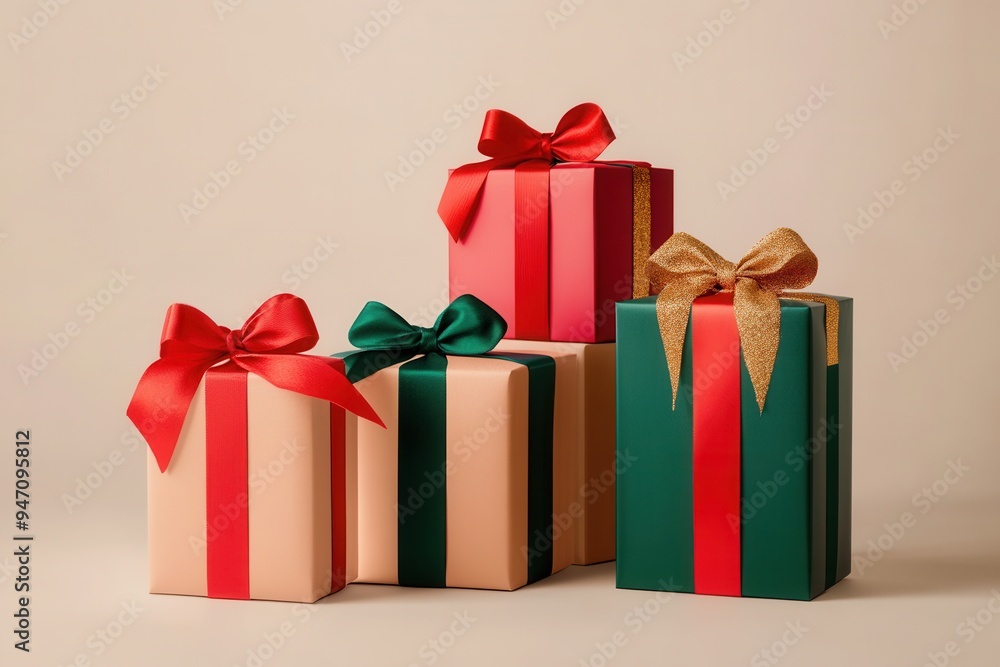 Elegant gift boxes in geometric shapes featuring vibrant ribbons and bows create a festive atmosphere for the holiday season. Generative AI Elegant gift boxes in geometric shapes featuring vibrant ribbons and bows create a festive atmosphere for the holiday season. Generative AI