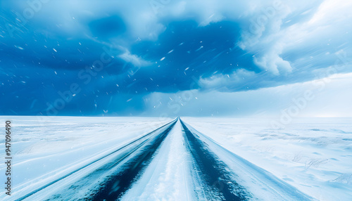 Desolate road disappearing into the heart of a fierce snowstorm, with swirling snow and low visibility creating a harsh and unforgiving winter landscape.