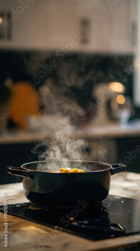 Steam rising from a pot on a stovetop