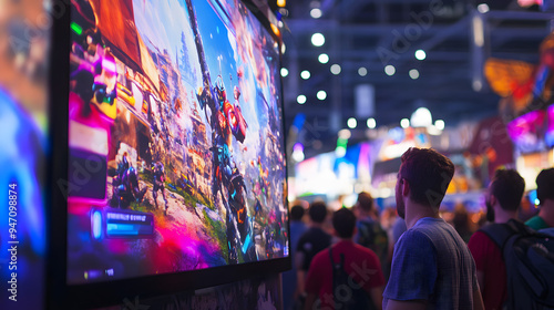 Crowded gaming convention with hundreds of enthusiastic gamers around massive LED screen, showcasing vibrant video game graphics and intense action, electric atmosphere with cheering and colorful LED