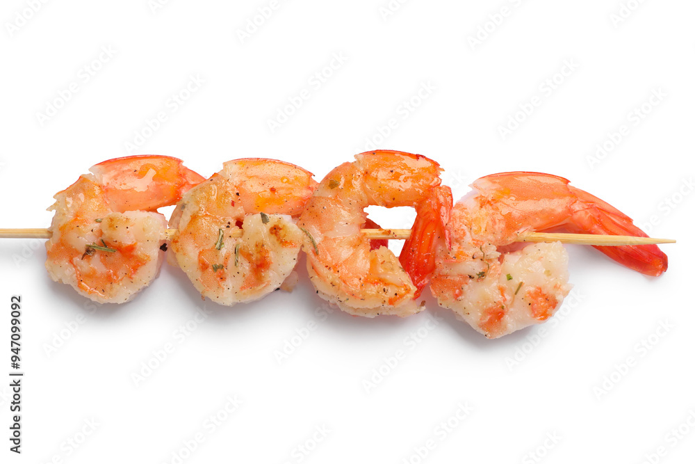 Skewer with delicious grilled shrimps isolated on white, top view Skewer with delicious grilled shrimps isolated on white, top view