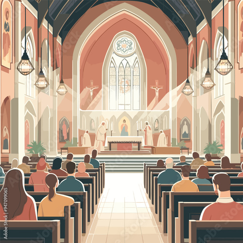 A church with a large congregation of people sitting in pews. The atmosphere is solemn and peaceful