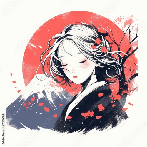 Woman with Closed Eyes Against a Red Circle, Sakura, and Mountain