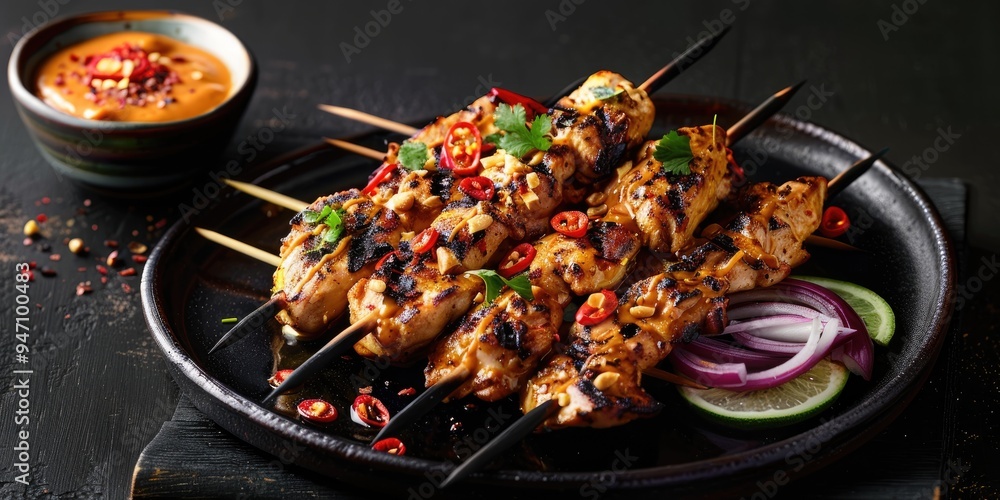 Grilled chicken skewers with peanut sauce accompanied by sliced chili and red onion Chicken satay served with rice cakes cayenne pepper and shallots Grilled chicken skewers with peanut sauce accompanied by sliced chili and red onion Chicken satay served with rice cakes cayenne pepper and shallots