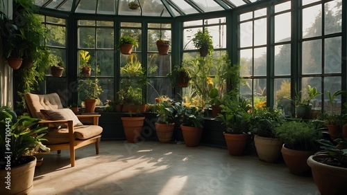 A cozy, sun-drenched conservatory filled with lush greenery and a comfortable armchair, perfect for relaxation and enjoying the natural beauty.